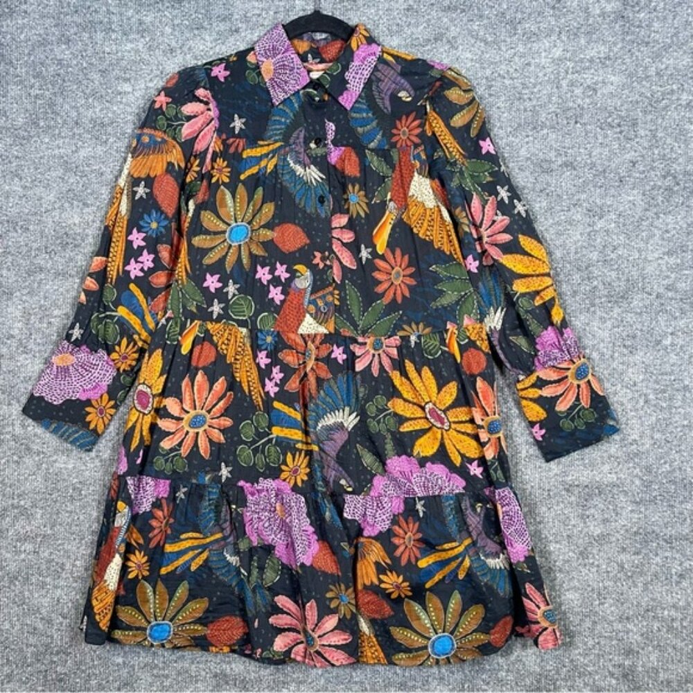 Sal Rosa Womens Small Multicolor Artsy Floral Long Sleeve Mini Dress Silk Cotton